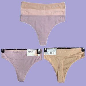 Jockey XL Pink-Purple-Tan Organic Cotton Sheer Elastic Trim Thong Panties-3-Pk